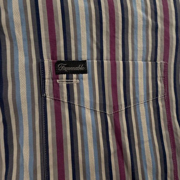 Faconnable Long Sleeve Button Up Shirt Men Cotton Striped Purple Gray Large - Picture 10 of 16
